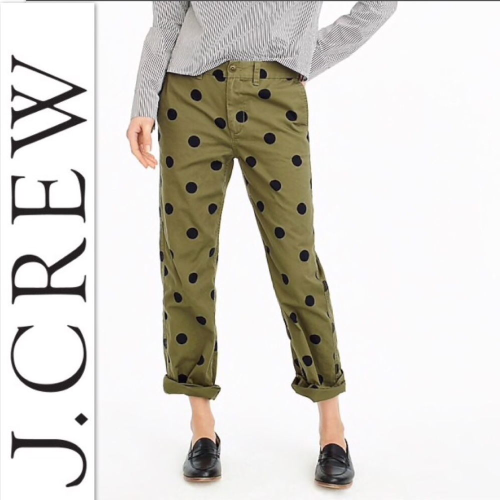 J Crew Boyfriend Chino Polka Dots Sz 6 Olive Green